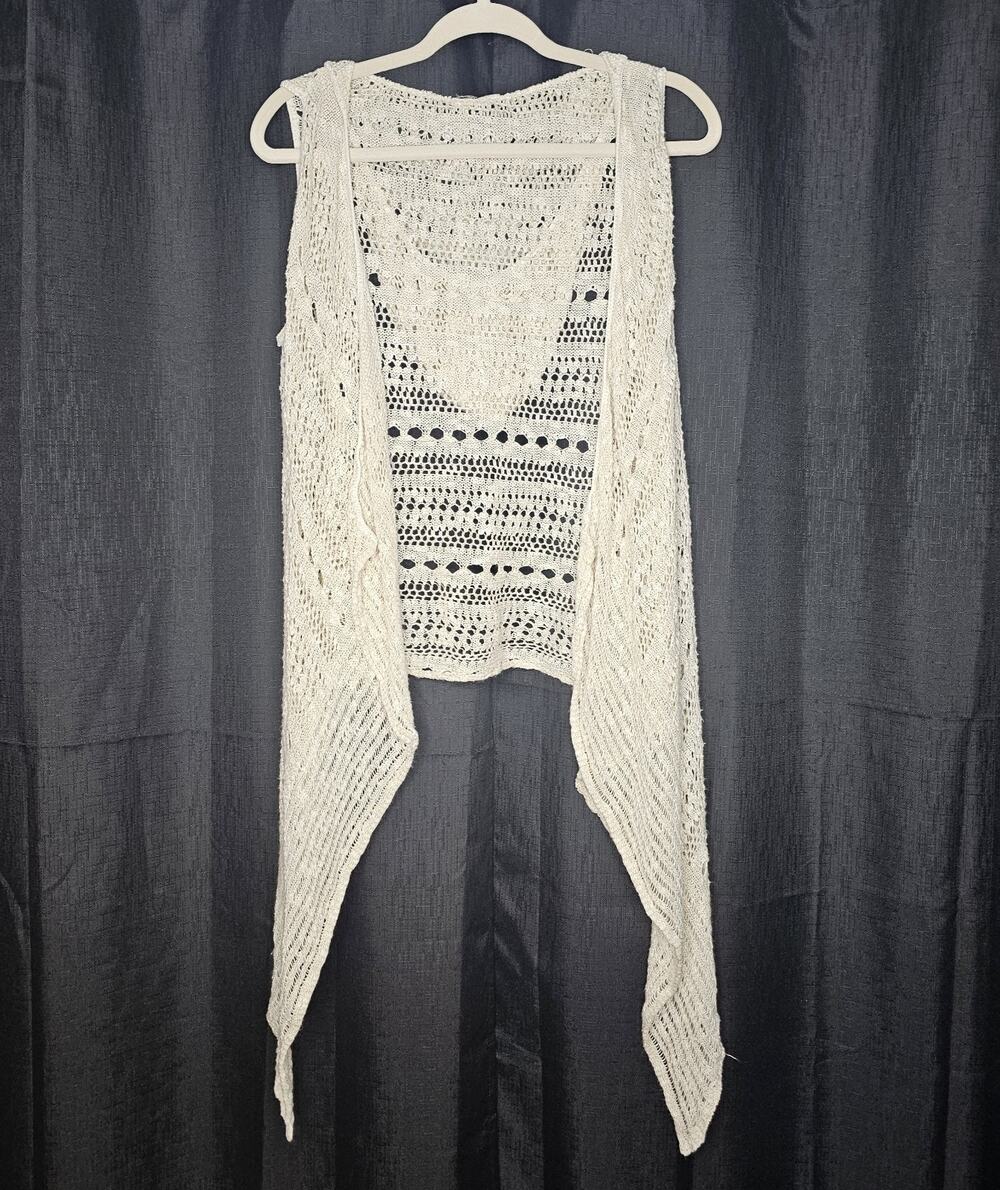 Hooded Knit Cardigan Open Front Boho Duster Sleeveless M/L Crochet Layer